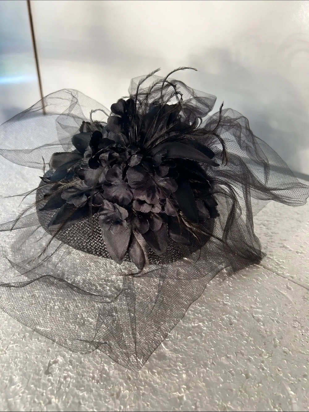 Fedoria Vintage Black Veiled Fascinator Hat Floral Accent Formal 40s -60s Derby